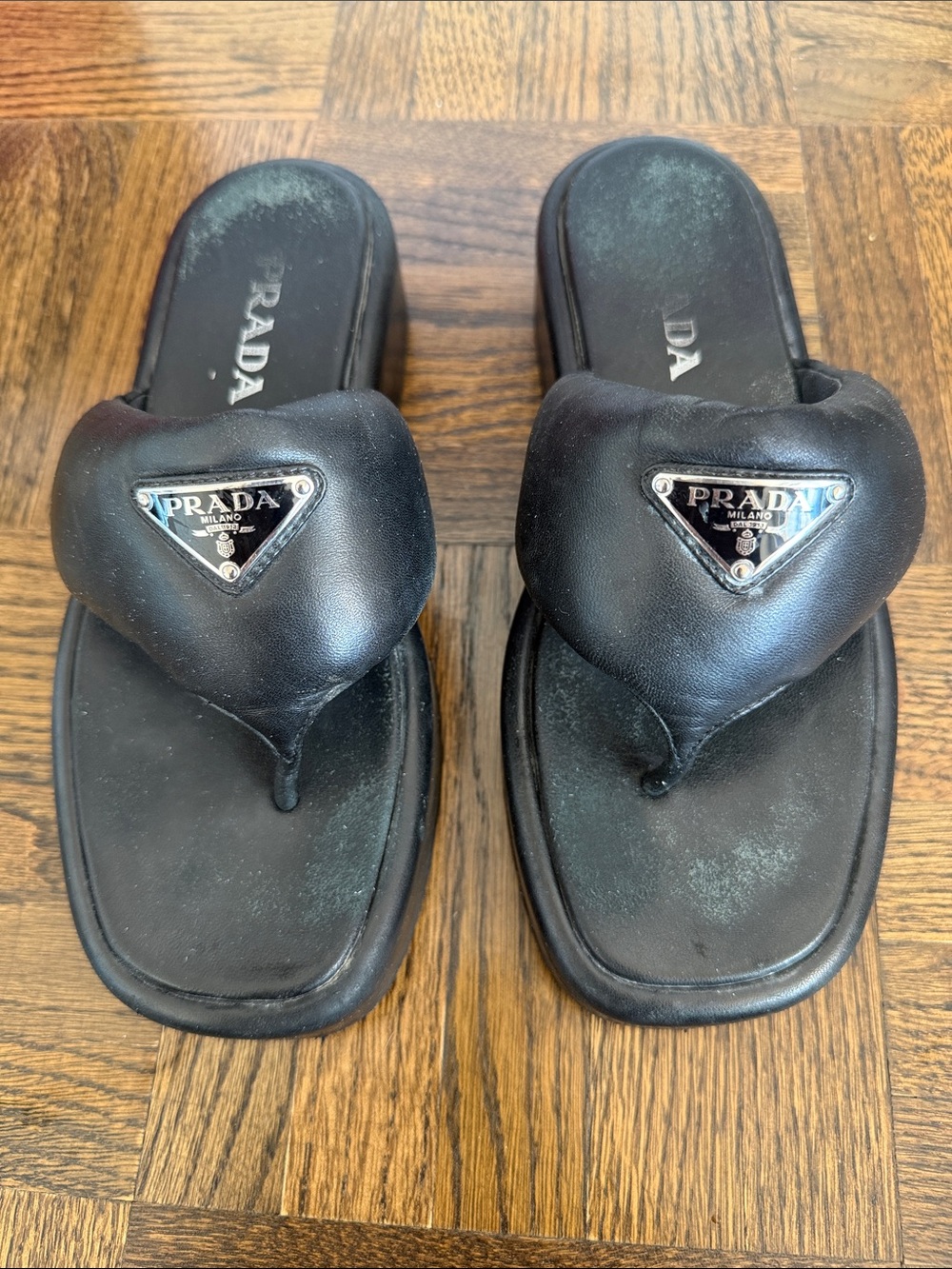 Prada Black Leather puffy Sandals with Logo Plaque 38